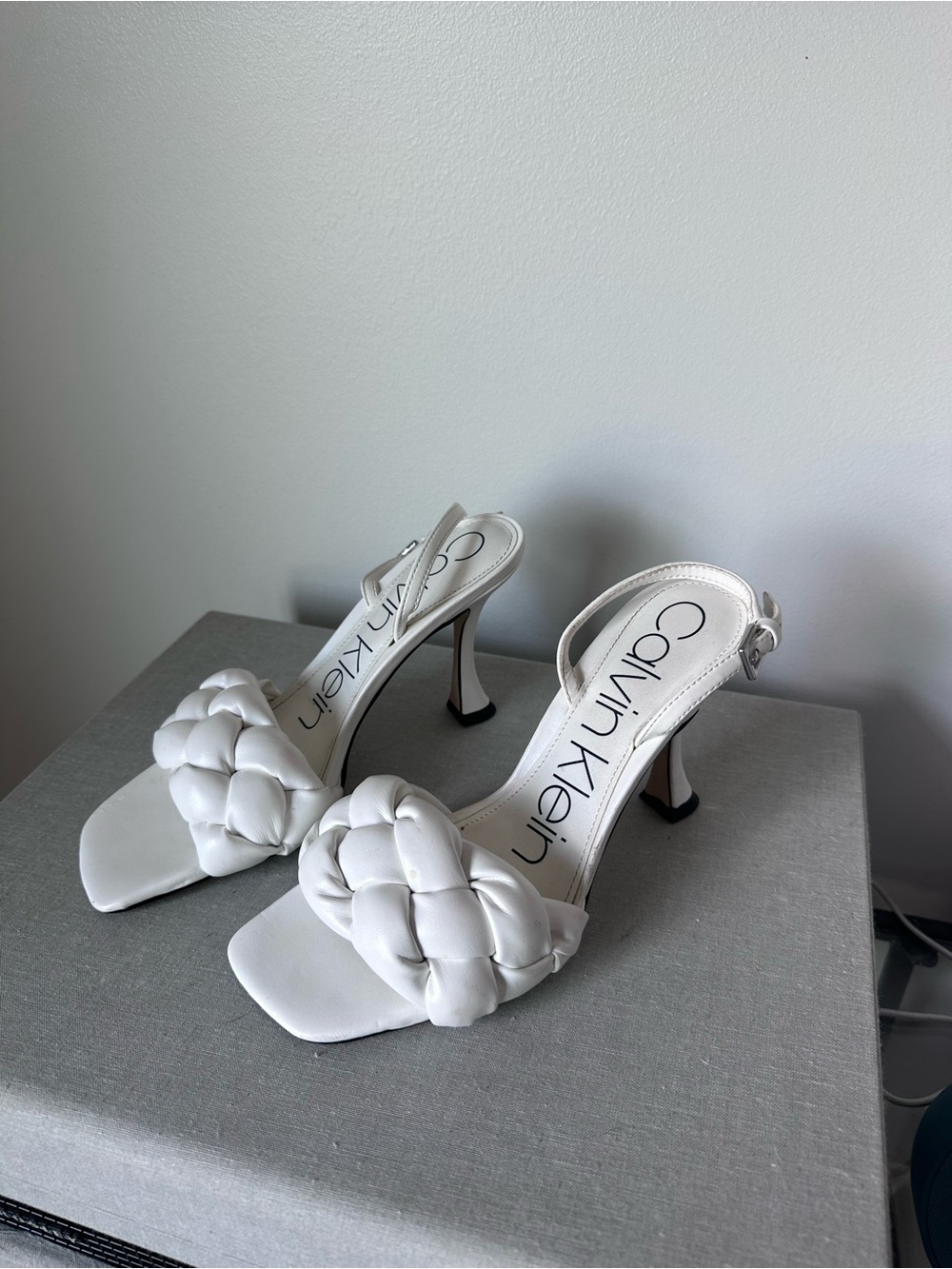 Calvin Klein White Braided Strap Slingback Heels